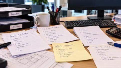 Losse materiaallijstjes voor een project liggen verspreid op een werkplek.