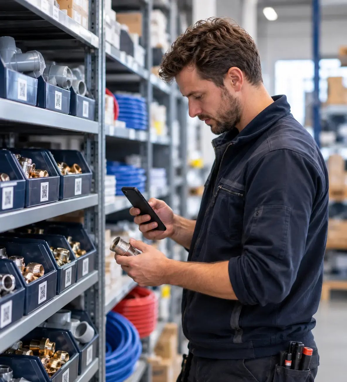 Magazijnmedewerker controleert de voorraad met een smartphone.