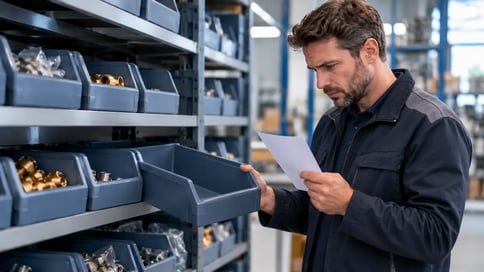 Medewerker controleert onderdelenbakken in een stelling zonder digitaal overzicht.