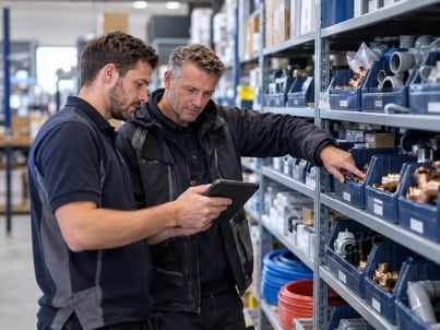 Twee magazijnmedewerkers bekijken samen de voorraad in een magazijn.