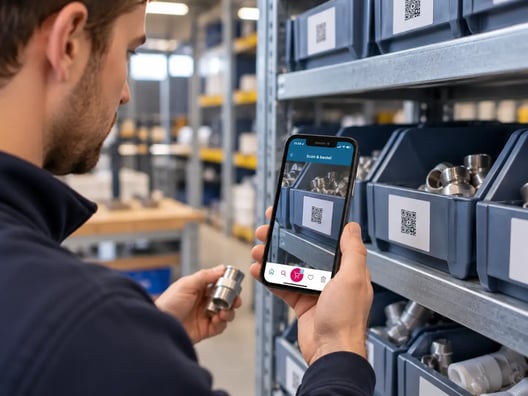 Voorraadbakken met barcodelabels, waarvan er één wordt gescand om voorraad aan te vullen met BarTrack.