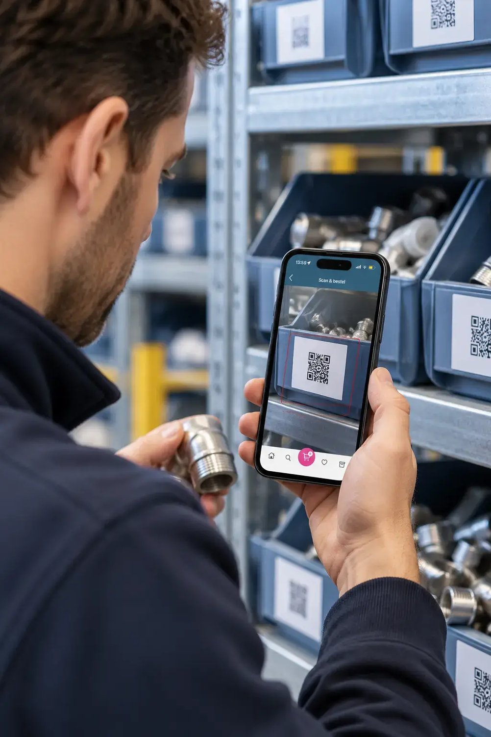 Medewerker scant met BarTrack Mobile een voorraadlabel in het magazijn om materiaal bij te bestellen.