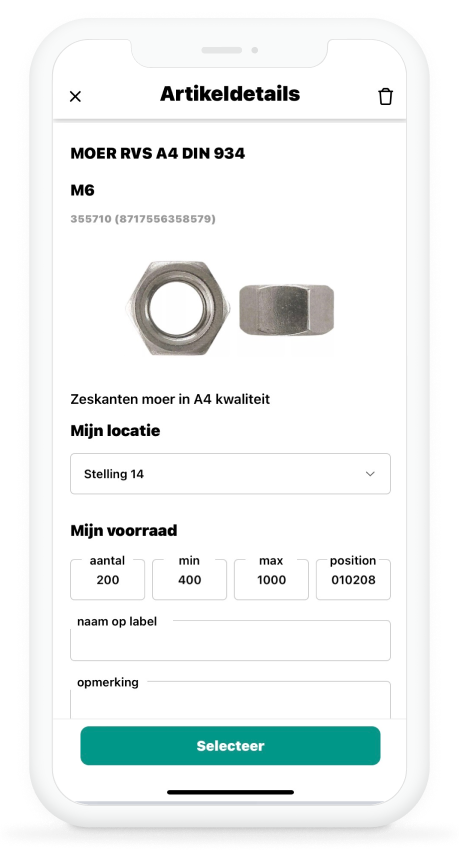 App - voorraad instellingen