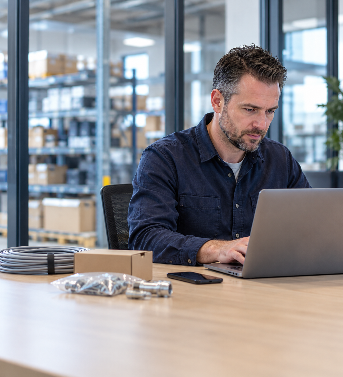 Geconcentreerde magazijnmedewerker achter laptop